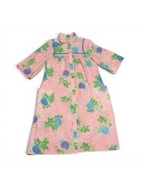 Vintage Pink Floral Print Models Coat House Dress with Blue and Purple Flowers